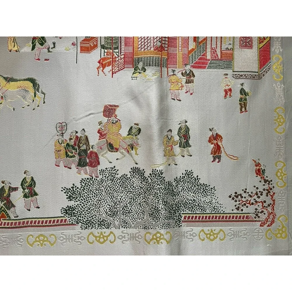 Vtg Chinese Embroidered Satin Tablecloth Pagoda Palace Scene 84x58 Sage Green